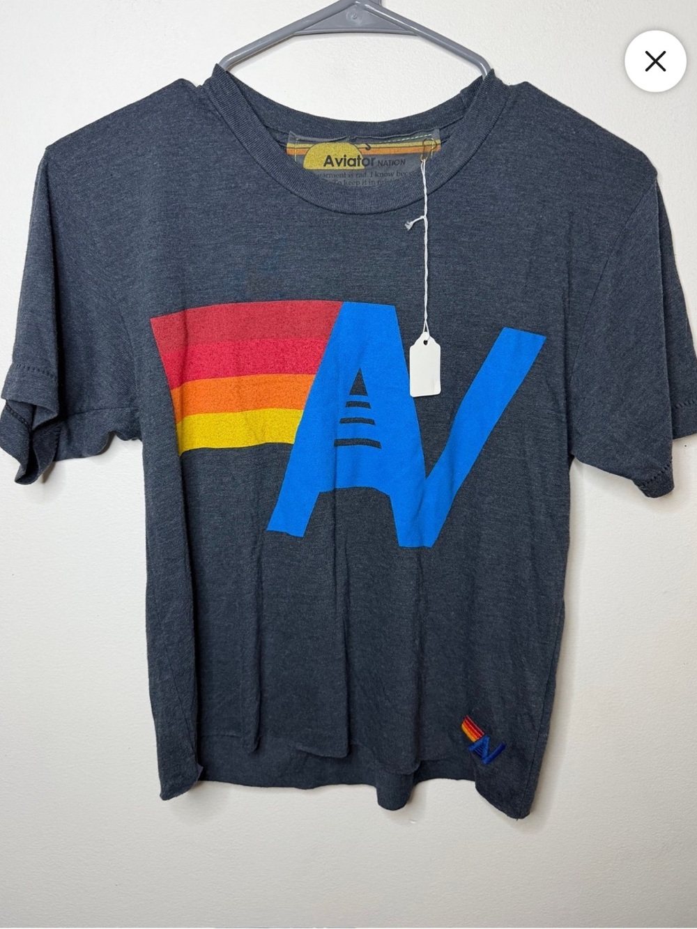 Aviator Nation Charcoal Tee with Blue AV & Rainbow Stripes